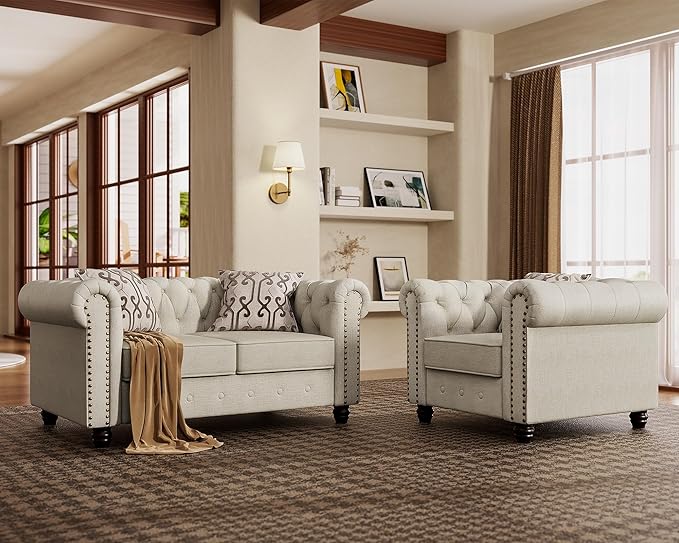 Morden Fort 2 Piece Classic Chesterfield Sofa Set, Tufted Chair & Loveseat Furniture Solid Wood Legs Thick Cushion, Pet-Friendly Couch Set for Living Room Bedroom Apartment, Linen Beige