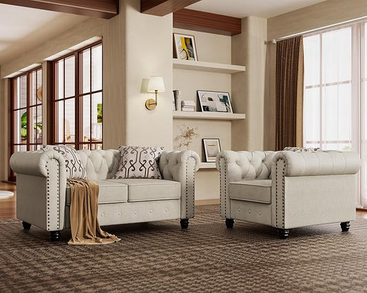 Morden Fort 2 Piece Classic Chesterfield Sofa Set, Tufted Chair & Loveseat Furniture Solid Wood Legs Thick Cushion, Pet-Friendly Couch Set for Living Room Bedroom Apartment, Linen Beige