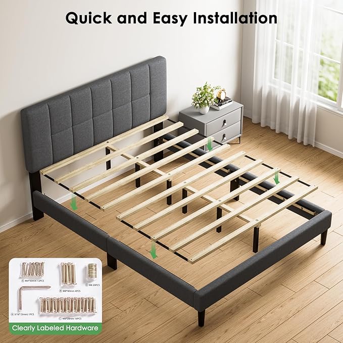 Marsail Queen Size Bed Frame, Sturdy and Durable with 12 Support Legs, 1300 lbs Capacity, Solid Wooden Upholstered Adjustable Headboard for 6"-12" Mattresses, Easy Assembly, Ideal Height, Dark Gray