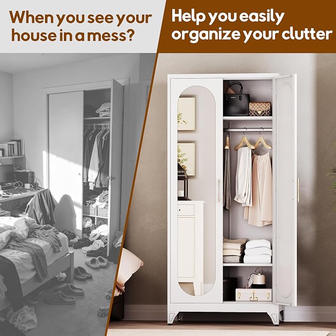 UNICOLY Metal Wardrobe Cabinet with Mirror Doors，71" Tall Armoire Wardrobe Closet with Hanging Rod and Adjustable Shelves，White Clothing Storage Cabinets for Bedroom, Living Room,Office