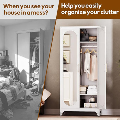 UNICOLY Metal Wardrobe Cabinet with Mirror Doors，71" Tall Armoire Wardrobe Closet with Hanging Rod and Adjustable Shelves，White Clothing Storage Cabinets for Bedroom, Living Room,Office