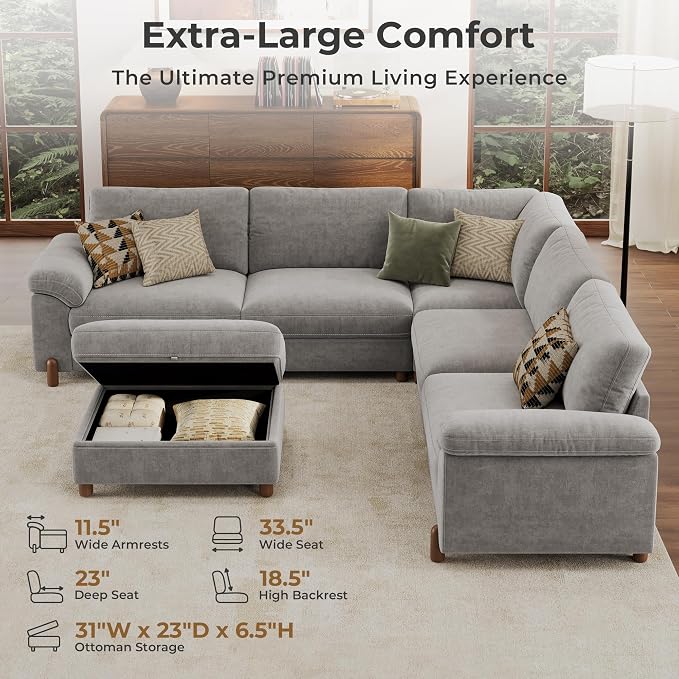 SITJOY Large Cloud Couch, 106" Wide 5 Seater V Shape, Light Gray Chenille | Detachable and Washable Chenille Cover Sectional Sofas for Living Room, Deep Seat Wide Couch with Chaise, Storage Ottoman