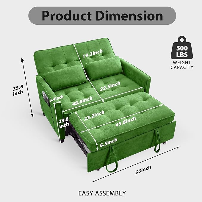 Convertible Sofa Bed, 3 in 1 Pull Out Couch, Loveseat Sleeper with Side Pocket, Sleeper Sofa with Adjustable Backrest | USB Charging Port | Two Pillows | Fabric | Light Green