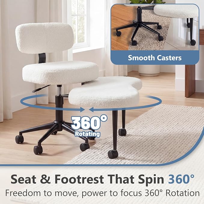 DUMOS Ergonomic ADHD Cross Legged Office Desk Chair with Adjustable Backrest, Height Adjustable Meditation Chair with 360° Swivel Footstool, Teddy Fleece Yoga Stool for Home Office, White