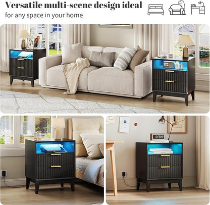 LVSOMT 20'W Fluted Nightstand Set of 2, Night Stand with Charging Station and LED Lights, RFID Lock Hidden Drawer, Mid Century Modern Bedside Table for Bedroom, 2 Drawers and Open Storage Cubby, Black
