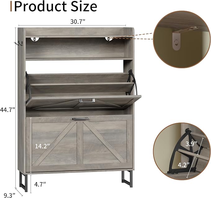 Shoe Cabinet with 2 Flip Drawers, Freestanding Hidden Shoe Storage Organizer for Entryway, Narrow Slim Shoe Rack Cabinet with Open Storage & Hooks for Front Door Entrance, Living Room, Hallway, Grey