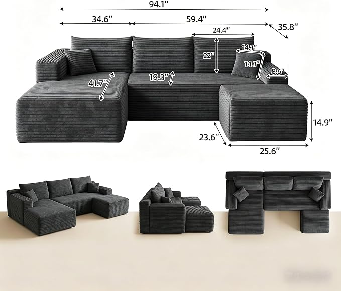 JINGLING 94" U Shaped Boneless Sectional Couch Set for Living Room, Plush Corduroy Modular Sofa with Ottoman, Small Space Apartment Couch, No Assembly, Left Facing Chaise, Dark Grey