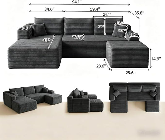 JINGLING 94" U Shaped Boneless Sectional Couch Set for Living Room, Plush Corduroy Modular Sofa with Ottoman, Small Space Apartment Couch, No Assembly, Left Facing Chaise, Dark Grey