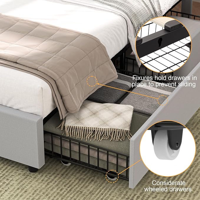 VECELO Queen Size Bed Frame with 4 Storage Drawers & Adjustable Headboard, Built-in Charging Station, Upholstered Bedframe with Wood Slats Support, Light Grey