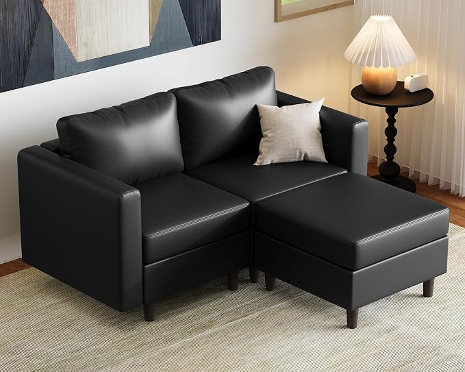 ABCASA Modular Sectional Loveseat Sofa Couch with Storage Seats, 3 Seater L Shaped Couch with Movable Ottoman for Small Spaces,Black