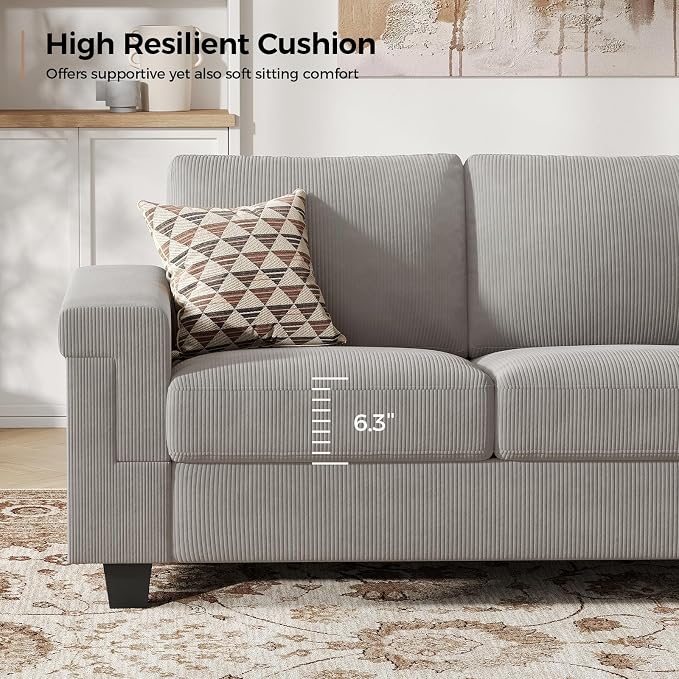 COPIAE 3 Seater Sofa Couch with Deep Seat, 90" Modern Upholstered Sofa with Armrests, Easy Installation, Comfy Couches for Living Room, Apartment, Light Grey