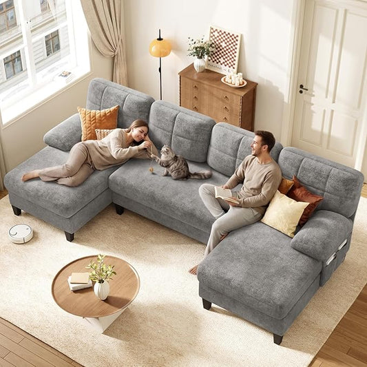 KKL U-Shaped Sectional Couch for Living Room, 112" Sectional Sofa with Double Chaise, Modern Sofa Deep Seat Couches for Living Room, Apartment, Office, Grey