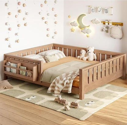 Bellemave Full Floor Bed with Slats and Rails, Full Size Montessori Floor Bed with Bookcase and Fence, Easy Assemble Montessori Beds for Girls, Boys, Natural Floor Beds