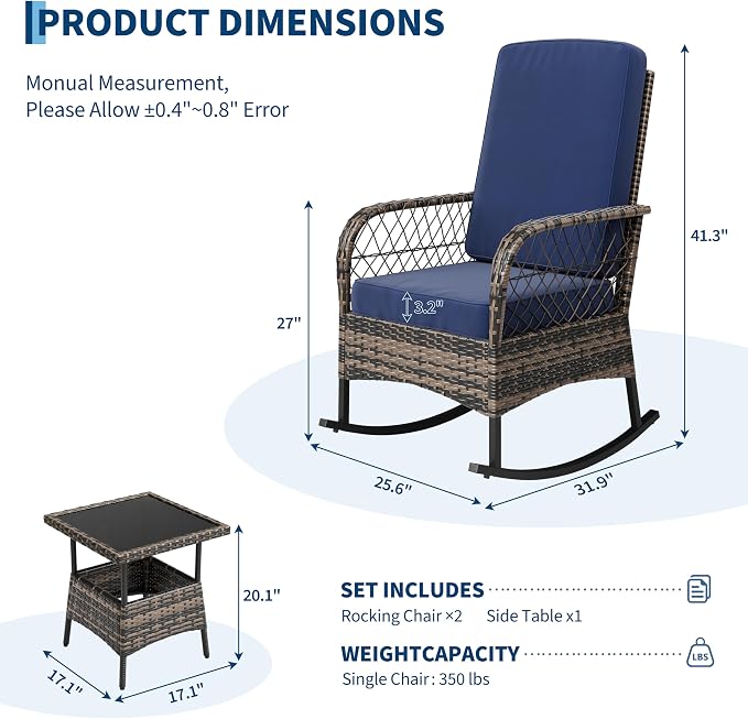 Garvee 3 pcs Outdoor Rocking Bistro Set, Wicker Rocking Bistro Set with Thick Cushions, Outdoor Rocker Chairs and Coffee Table for Porch, Backyard or Garden (Brown&Blue)