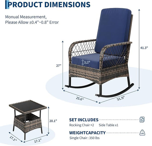 Garvee 3 pcs Outdoor Rocking Bistro Set, Wicker Rocking Bistro Set with Thick Cushions, Outdoor Rocker Chairs and Coffee Table for Porch, Backyard or Garden (Brown&Blue)