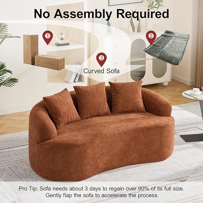 65" Curved Loveseat Sofa, Deep Seat Love Seat Couches with 3 Throw Pillows, Modern 2 Seater Boneless Curved Couch, Compressed Floor Sofa for Living Room Small Spaces, No Assembly, Orange