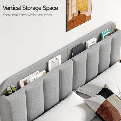 Adjustable Headboard for King/California King Size Bed Frame, Linen Fabric Bed Headboard with Storage & RGB LED Light in Modern Vertical Channel Design, Light Grey