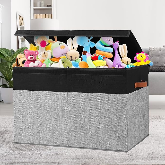 Gowee Large Toy Storage Box with Lid, Sturdy Toys Storage Chest Bin Organizer Basket with Dividers for Kids, Boys, Girls, Nursery, Closet, Bedroom, Playroom 26"x17" x17" (Black and Grey)