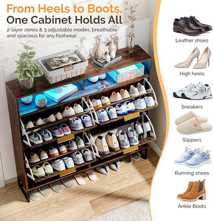 VINGLI Walnut Fluted Shoe Cabinet for Entryway, Narrow Hidden Shoe Storage Organizer with 4 Flip Drawers & 16-Color LED Lights, Mid Century Modern Slim Freestanding Shoe Rack with Cubby