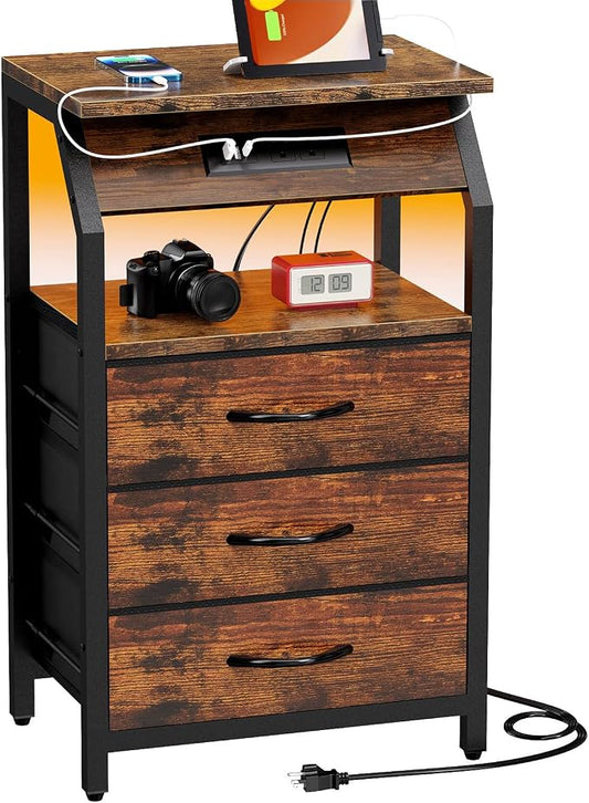 SZLHANJZ End Table with Charging Station, Nightstand with LED Lights and 3 Drawers, Small Night Stand with Fabric Storage, Retro Side Table for Bedside, Living Room Dorm, Rustic Brown