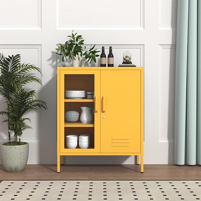 Lockable Metal Storage Locker Adjustable Shelves, 33" H 2-Door Storage Cabinets Durable Metal Sideboard Cabinet for Home Office Living Room Bedroom Yellow