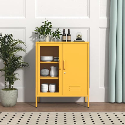 Lockable Metal Storage Locker Adjustable Shelves, 33" H 2-Door Storage Cabinets Durable Metal Sideboard Cabinet for Home Office Living Room Bedroom Yellow