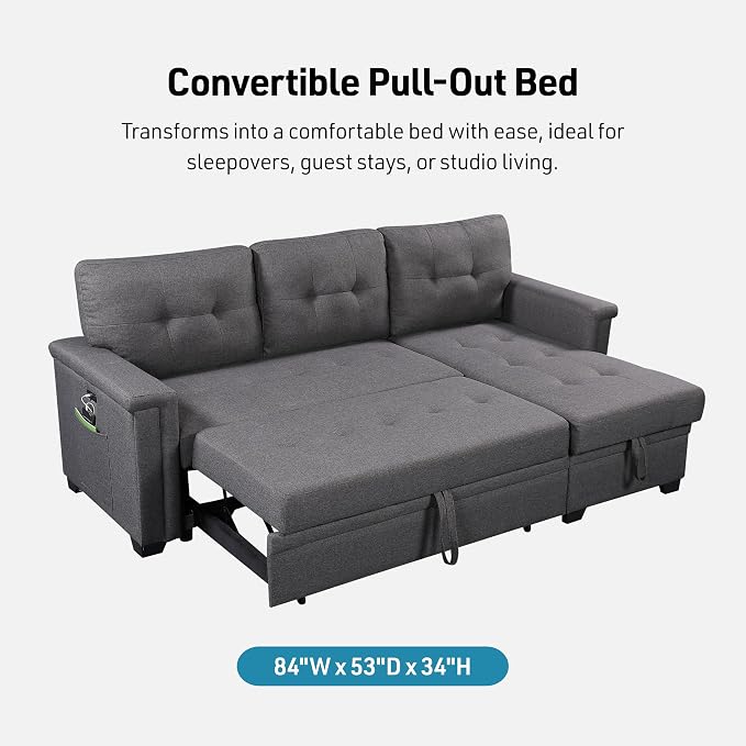 Lilola Home Ashlyn 84-inch Wide Dark Gray Linen Fabric Reversible Sleeper Sectional Sofa with USB Charging Ports – Convertible Pull-Out Bed, Storage Chaise, Side Pockets, and Medium Firm Cushioning