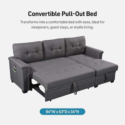Lilola Home Ashlyn 84-inch Wide Dark Gray Linen Fabric Reversible Sleeper Sectional Sofa with USB Charging Ports – Convertible Pull-Out Bed, Storage Chaise, Side Pockets, and Medium Firm Cushioning