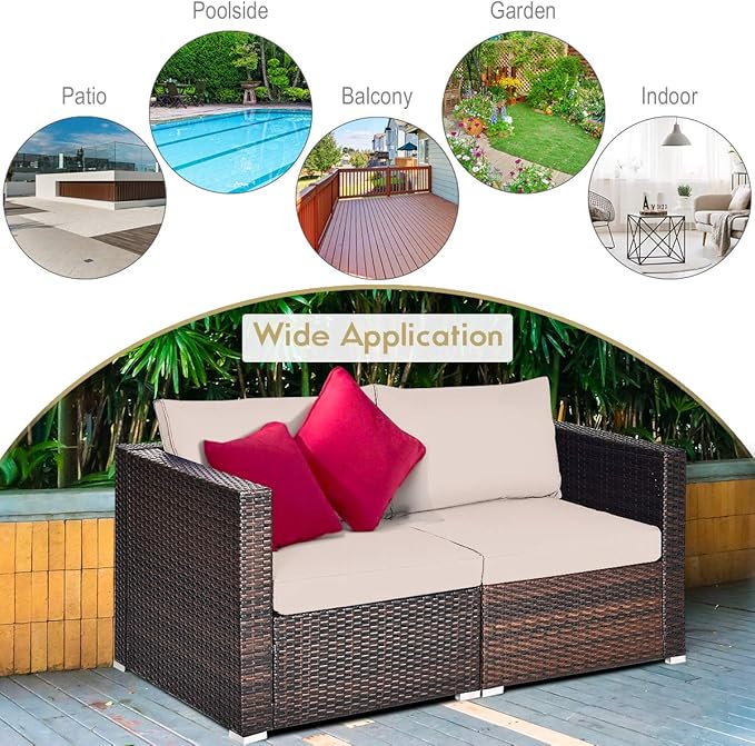 Tangkula Wicker Loveseat 2 Piece, Patio Furniture Couch with Removable Cushions, Rattan Loveseat Sofa for Balcony, Deck, Garden and Poolside