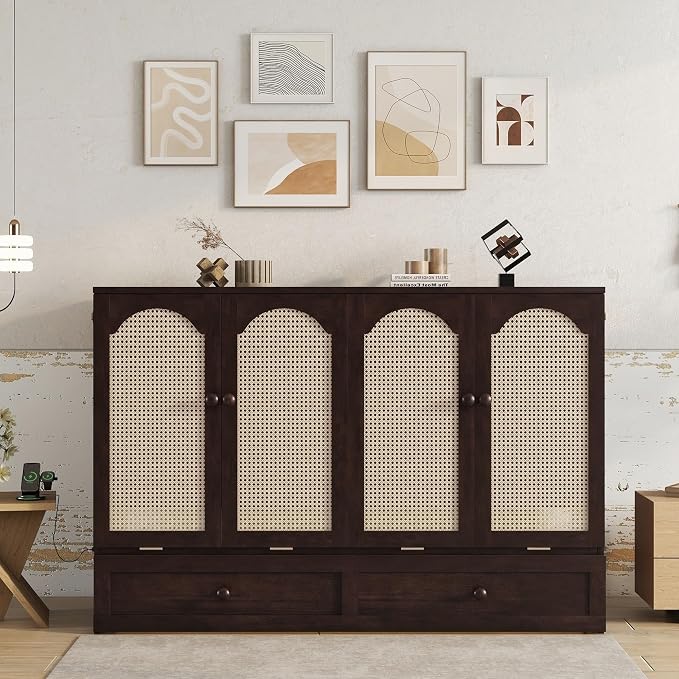 Bellemave Queen Murphy Bed with Storage Drawer and Station, Cabinet Bed, Murphy Cabinet with Foldable Panel, Noisy Free, for Guest Bedroom, Espresso Rattan