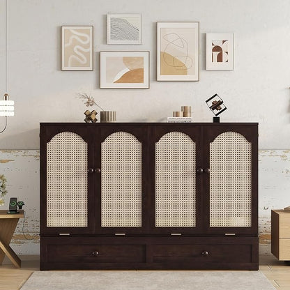 Bellemave Queen Murphy Bed with Storage Drawer and Station, Cabinet Bed, Murphy Cabinet with Foldable Panel, Noisy Free, for Guest Bedroom, Espresso Rattan