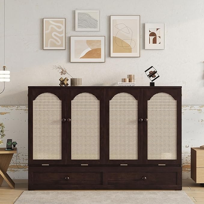 PVWIIK Queen Size Murphy Bed Cabinet with Power Station & Large Drawer for Bedroom,Pine Wood Folding Chest Bed with Rattan Panel, Space-Saving Wall Bed, Espresso