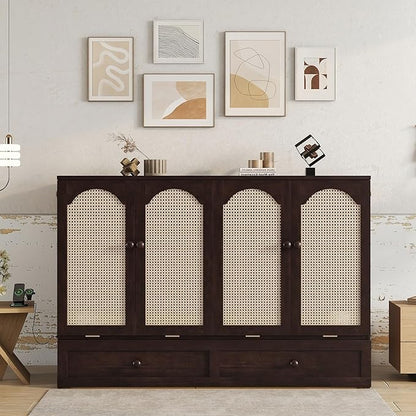 PVWIIK Queen Size Murphy Bed Cabinet with Power Station & Large Drawer for Bedroom,Pine Wood Folding Chest Bed with Rattan Panel, Space-Saving Wall Bed, Espresso