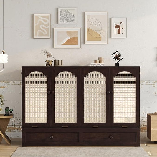 PVWIIK Queen Size Murphy Bed Cabinet with Power Station & Large Drawer for Bedroom,Pine Wood Folding Chest Bed with Rattan Panel, Space-Saving Wall Bed, Espresso