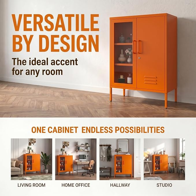 Metal Cabinet Metal Bathroom Storage Cabinet Metal Storage Cabinets with Glass Door and Adjustable Shelves Cabinet Storage for Coffee Bar for Homes, Living Rooms and Offices Orange 33''H