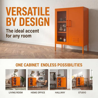 Metal Cabinet Metal Bathroom Storage Cabinet Metal Storage Cabinets with Glass Door and Adjustable Shelves Cabinet Storage for Coffee Bar for Homes, Living Rooms and Offices Orange 33''H