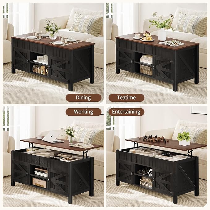 47.3" Lift Top Coffee Table with Storage - Black Coffee Tables for Living Room, Farmhouse Wood Center Table, Large Rectangle Middle Tables with Hidden Compartment & Adjustable Shelf