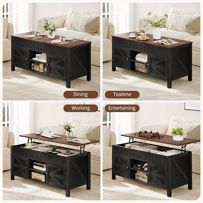 47.3" Lift Top Coffee Table with Storage - Black Coffee Tables for Living Room, Farmhouse Wood Center Table, Large Rectangle Middle Tables with Hidden Compartment & Adjustable Shelf