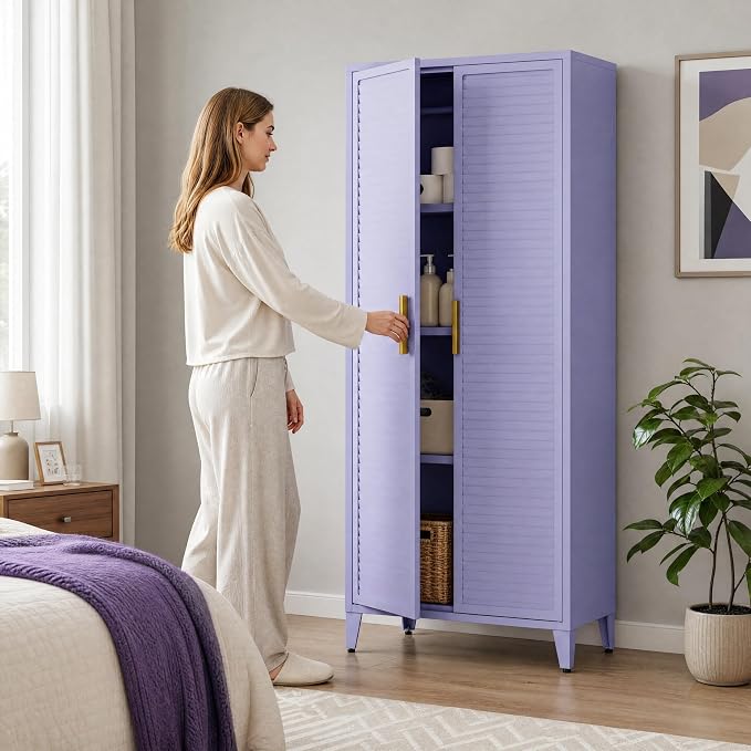 2 Door Tall Metal Storage Cabinet with 3 Adjustable Shelves,61'' Steel Locker Storage with Metal Handles and Elevated Legs,Multifunctional Storage Armoire for Home Bedroom Living Room Entryway(Purple)