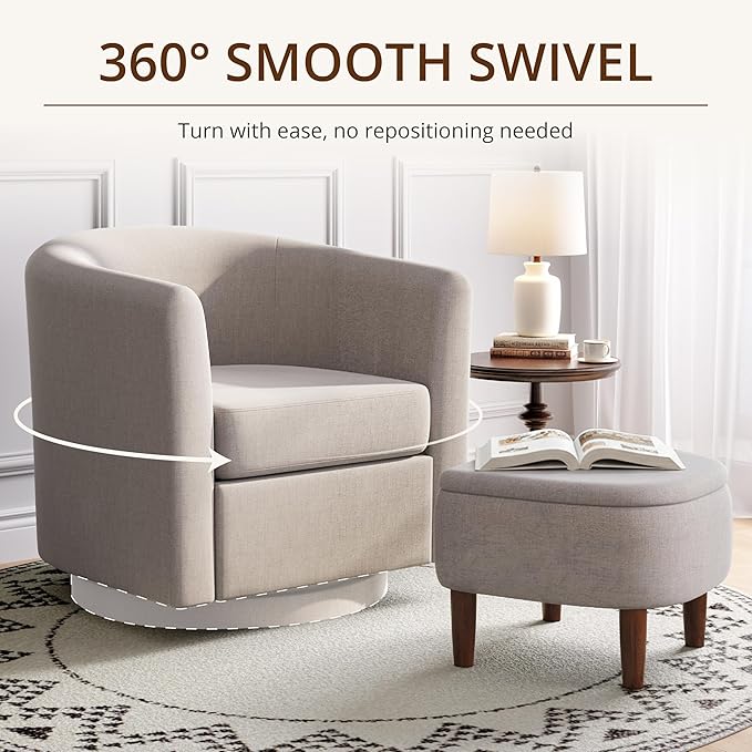 Swivel Accent Chair with Storage Ottoman Set of 2, Small Modern Velvet Barrel Chair, Upholstered Armchair with Footrest for Living Room/Reading/Bedroom, 24.8'' D x 25.38'' W x 25.6'' H, White
