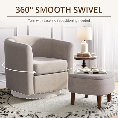 Swivel Accent Chair with Storage Ottoman Set of 2, Small Modern Velvet Barrel Chair, Upholstered Armchair with Footrest for Living Room/Reading/Bedroom, 24.8'' D x 25.38'' W x 25.6'' H, White