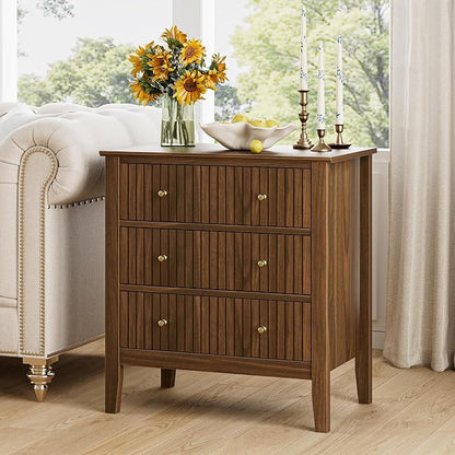 Night Stand, Fluted 3 Drawer Wide Farmhouse Nightstand with Gold Handle, Larger Wider Modern Bedside End Table for Bedroom, Living Room, Walnut
