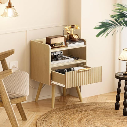 Huuger Nightstand with Charging Station, USB-C Port, Fluted Night Stand Set of 2, Bed Side Table with Drawer, Solid Wood Feet, Open Storage, End Table with Raised Edge, for Bedroom, Natural