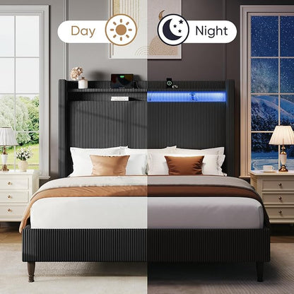 Queen Size Bed Frame with Tall Headboard, 55.3" Upholstered Platform Bed with LED Lights & Charging Station, Elegant Corduroy Bedframe, 2-tier Storage Wingback Headboard, No Box Spring Needed, Black