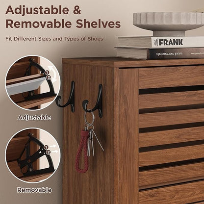 Maupvit Narrow Shoe Cabinet with Bench for Entryway, 3 Flip Louvered Doors & Side Storage Cabinet, 44" H Shoes Organizer with Upholstered Seat & Hooks for Front Door Entrance, Walnut