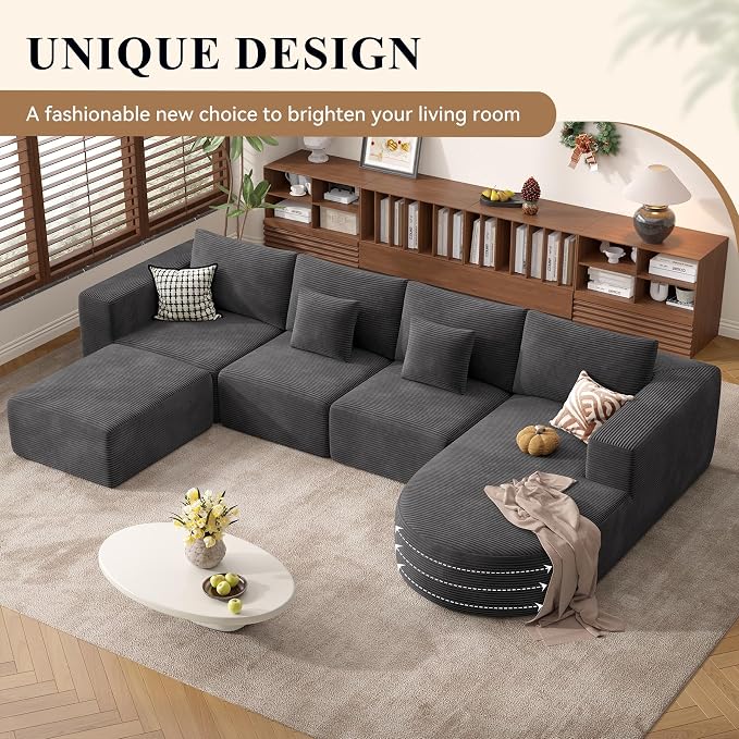 134" Boneless Couches for Living Room,Large U-Shaped Modular Sectional Sofa with Convertible Ottoman,Modern Cozy Cloud Couch in a Box,Sponge Compression Deep Seat Sofas with Chaise,Gray,1pcs