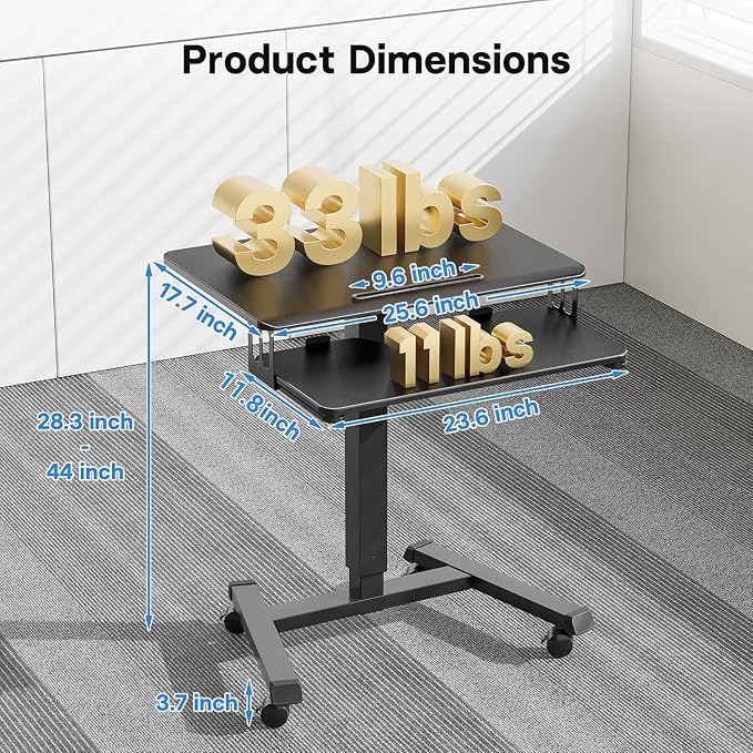 BONTEC Mobile Standing Desk with Keyboard Tray, Mobile Podium, Rolling Laptop Sit Stand Desk on Wheels, Adjustable Height Desk Up to 33lbs, Portable Computer Workstation Cart for Living Room, Office