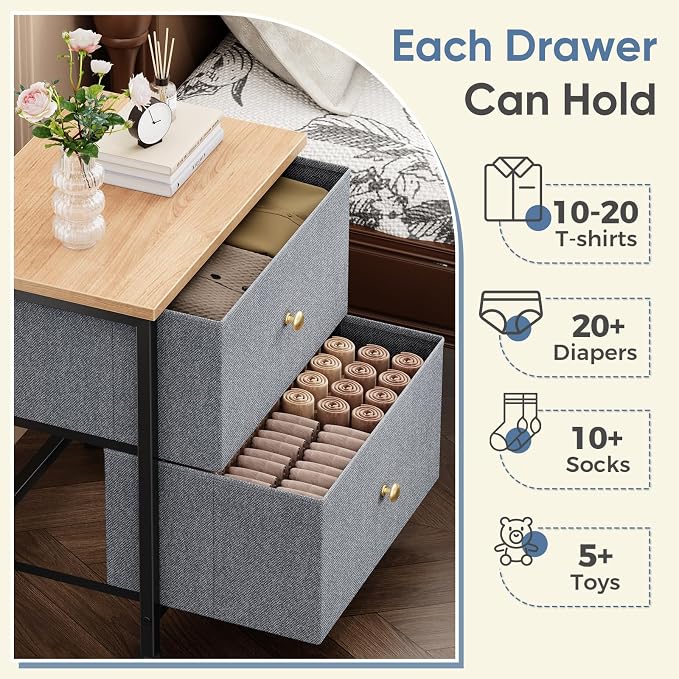 DUMOS Nightstand, Bedside Table for Bedroom, Small Dresser, 2 Fabric Drawer | Side/End Tables with Drawers, Storage Cabinet Furniture, 20 Inch Night Stand for Closet, Entryway, Blue