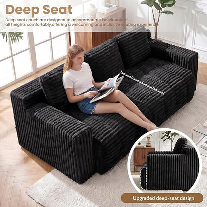 70” Boneless Couch, 3 Seater Sofa Couch with Extra Deep Seats 3 Pillows,Corduroy Modern Small Couch for Living Room, Office, Bedroom, Apartment,Black