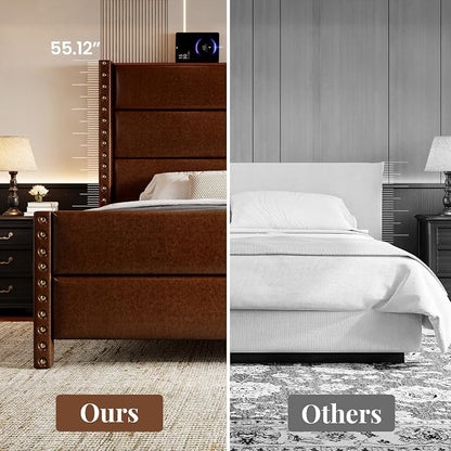 Queen Bed Frame with Storage Shelf & Charging Station, 55" Tall Headboard & 25.6" Footboard, Faux Leather Upholstered Platform Bed with Big Rivets Wingback, Heavy Duty & Noise-Free, Brown